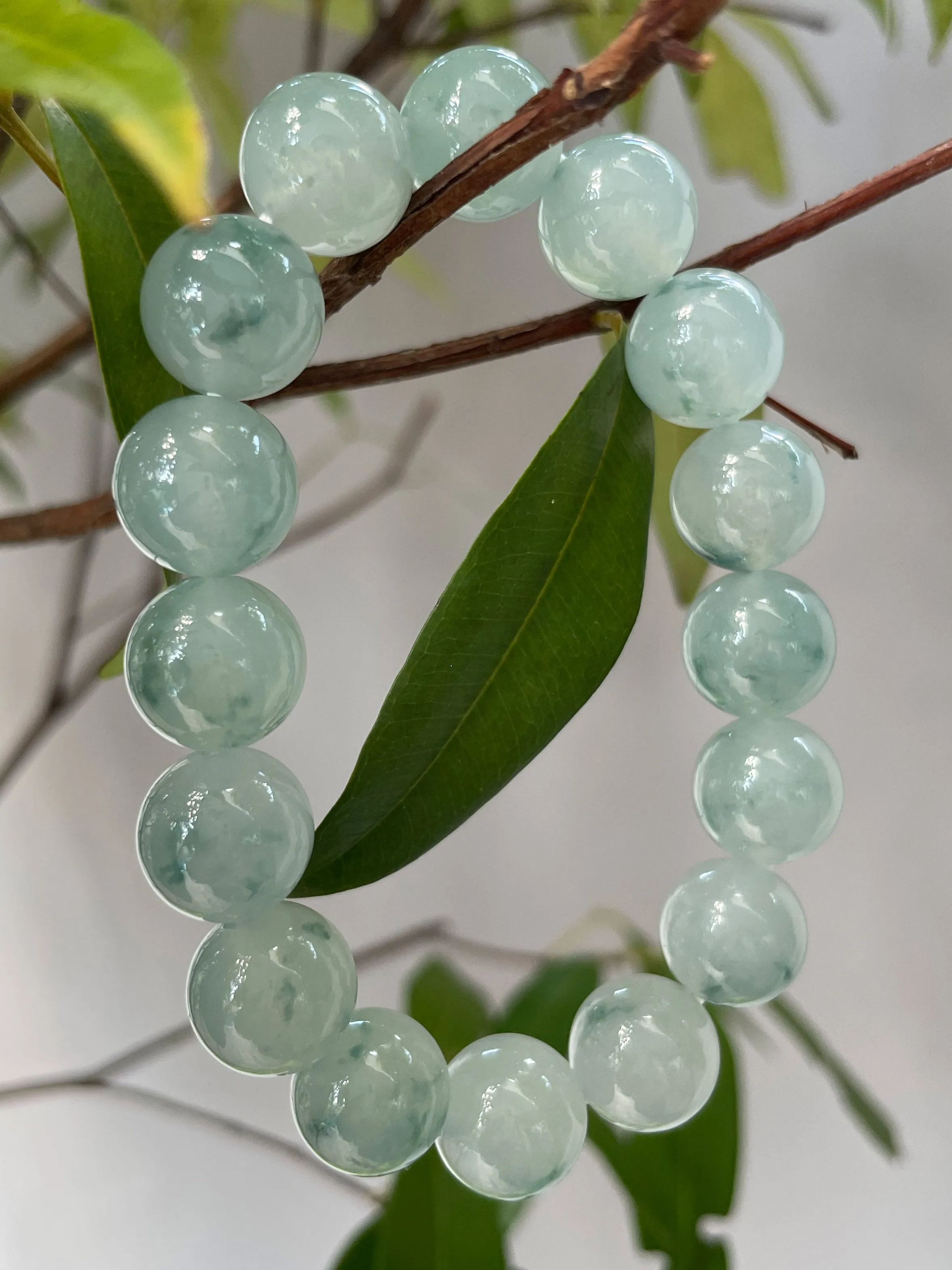 Icy Bluish Green Jadeite Bracelet - Round Beads (NJBA015)