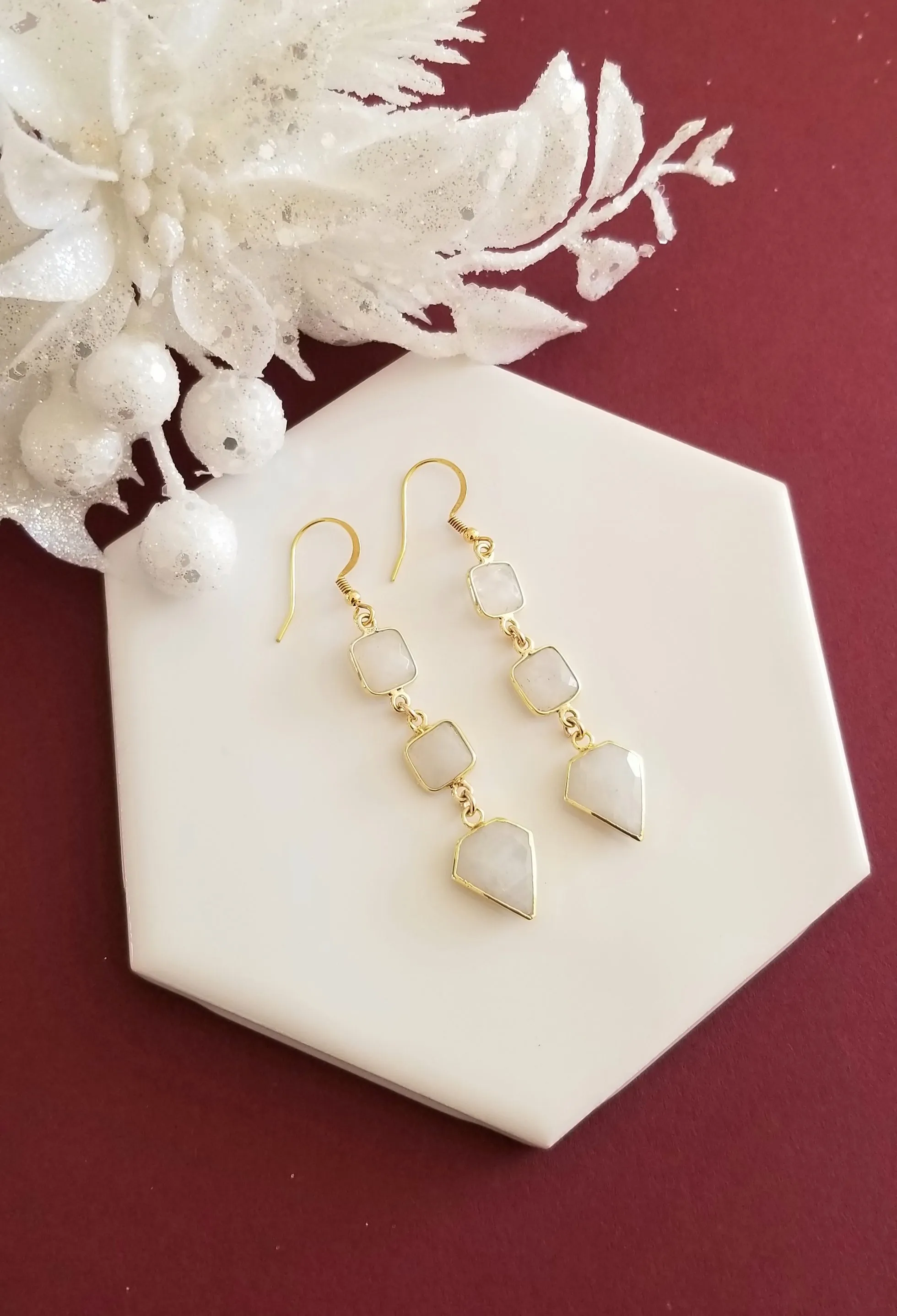 Long Gold Moonstone Earrings