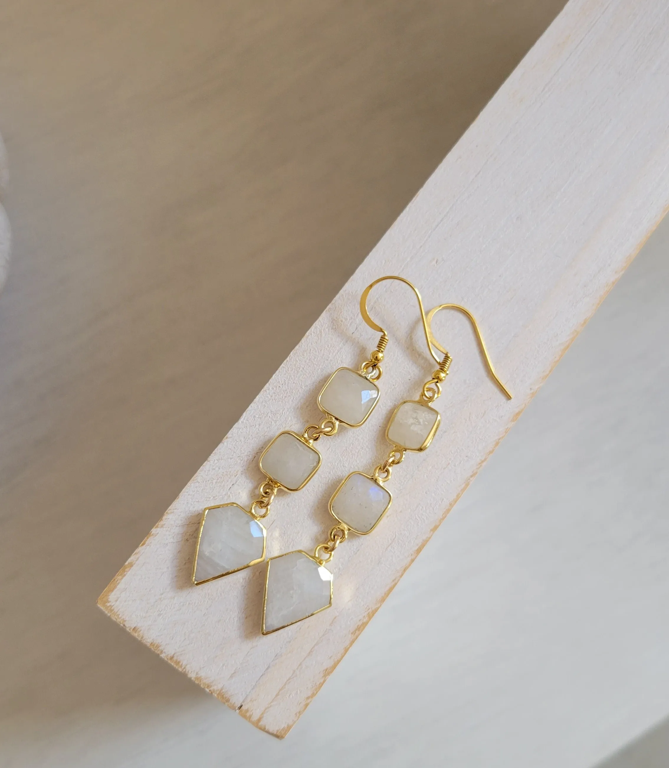 Long Gold Moonstone Earrings