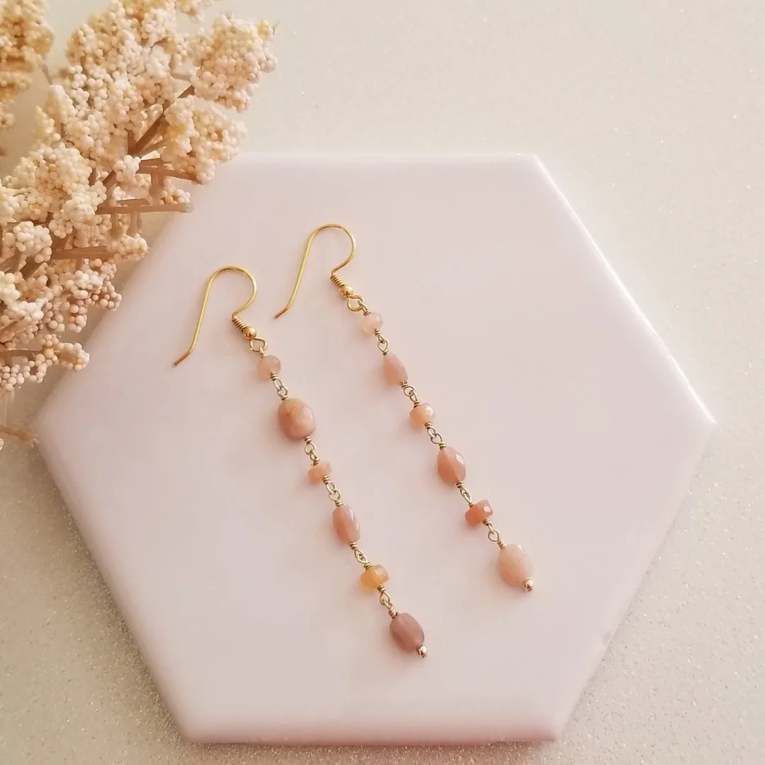 Long Peach Moonstone Earrings, Beaded Boho Earrings