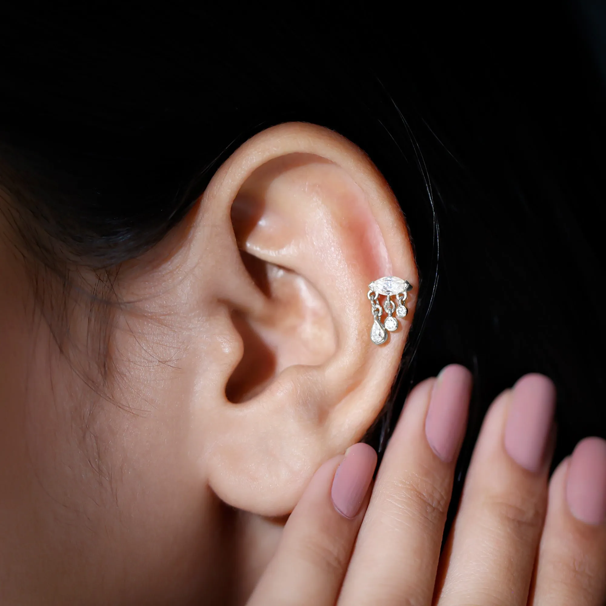 Marquise Cut Moissanite Cartilage Dangle Earring in Gold