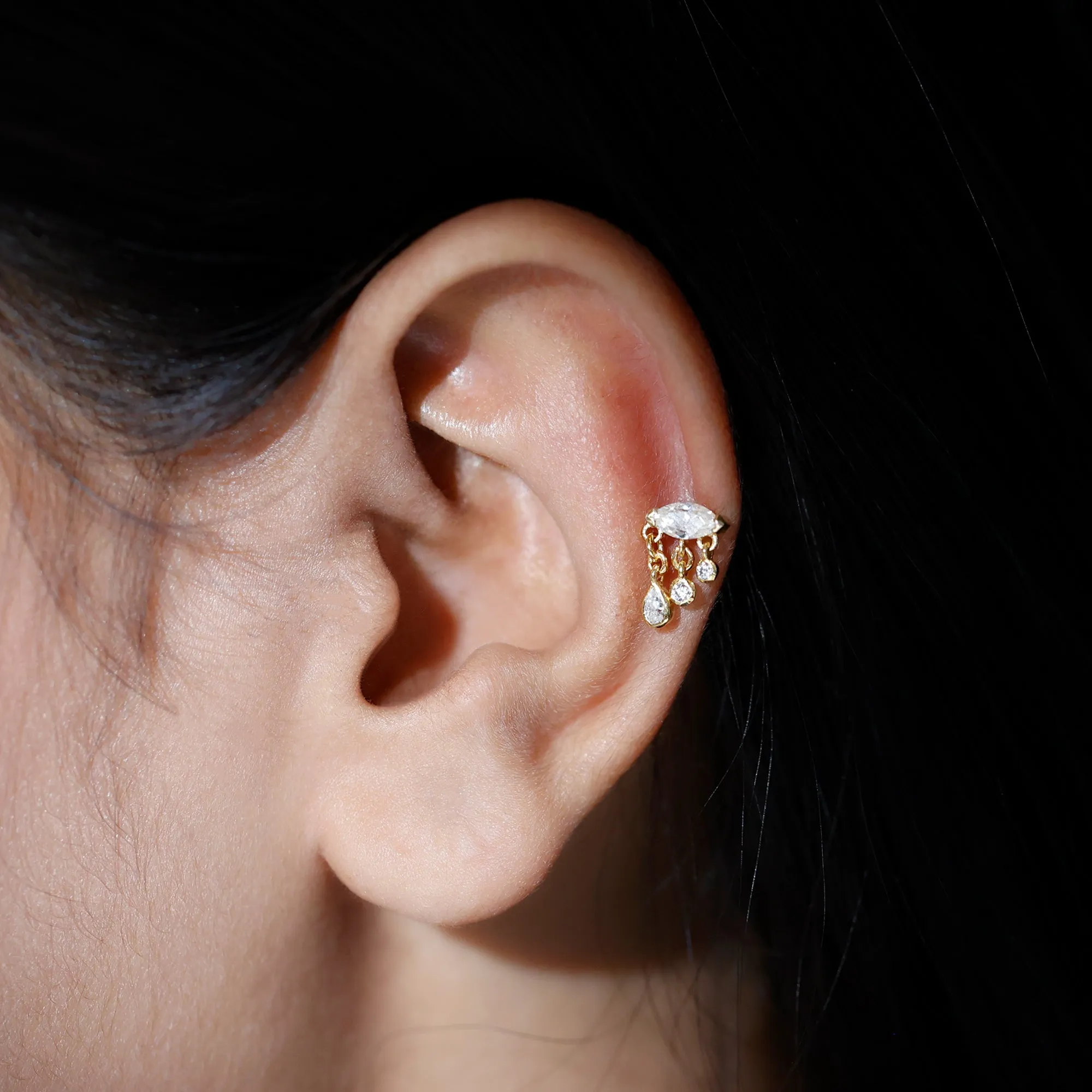 Marquise Cut Moissanite Cartilage Dangle Earring in Gold