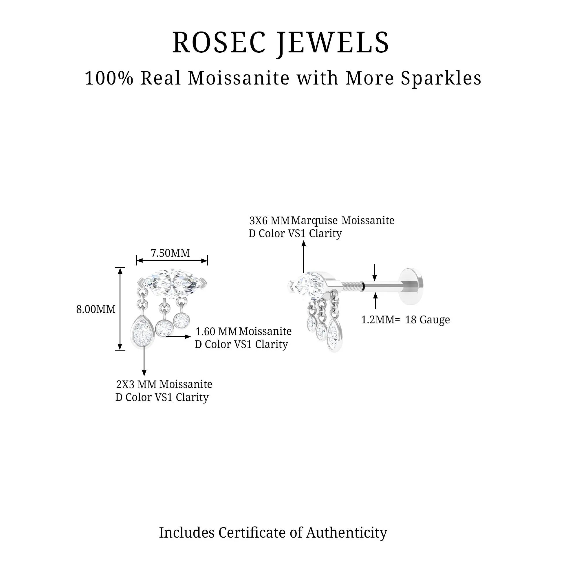 Marquise Cut Moissanite Cartilage Dangle Earring in Gold