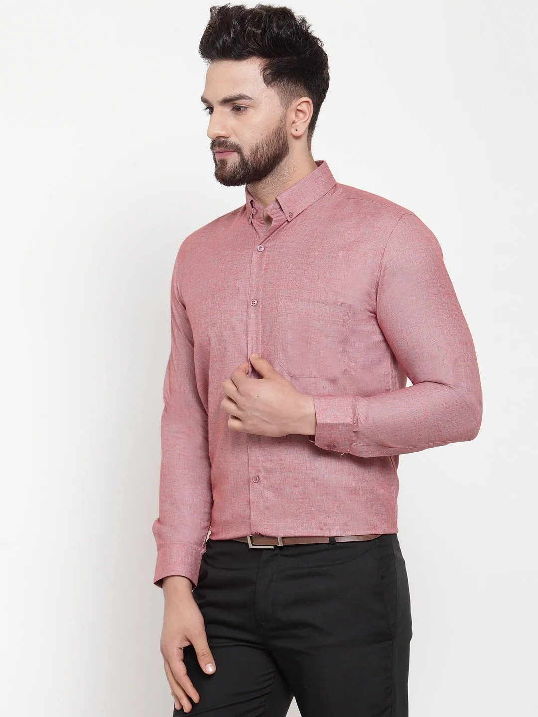 Men's Coral Cotton Solid Button Down Formal Shirts ( SF 753Coral ) - Jainish