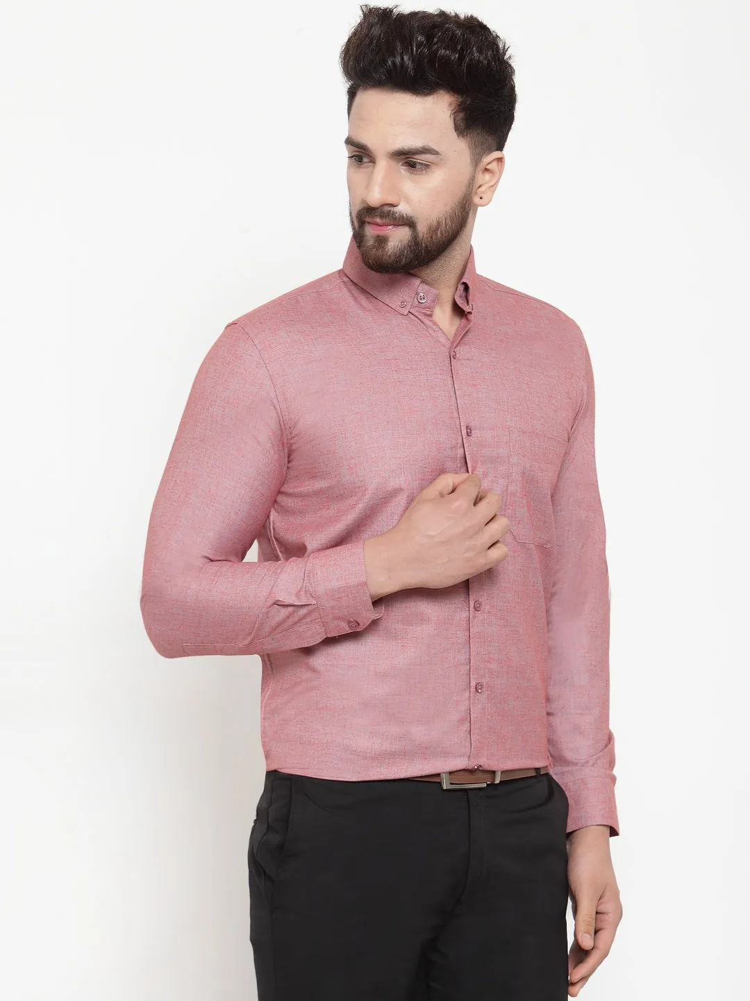 Men's Coral Cotton Solid Button Down Formal Shirts ( SF 753Coral ) - Jainish
