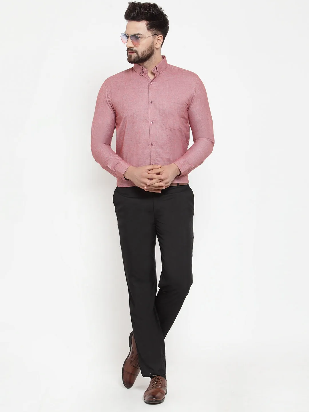 Men's Coral Cotton Solid Button Down Formal Shirts ( SF 753Coral ) - Jainish