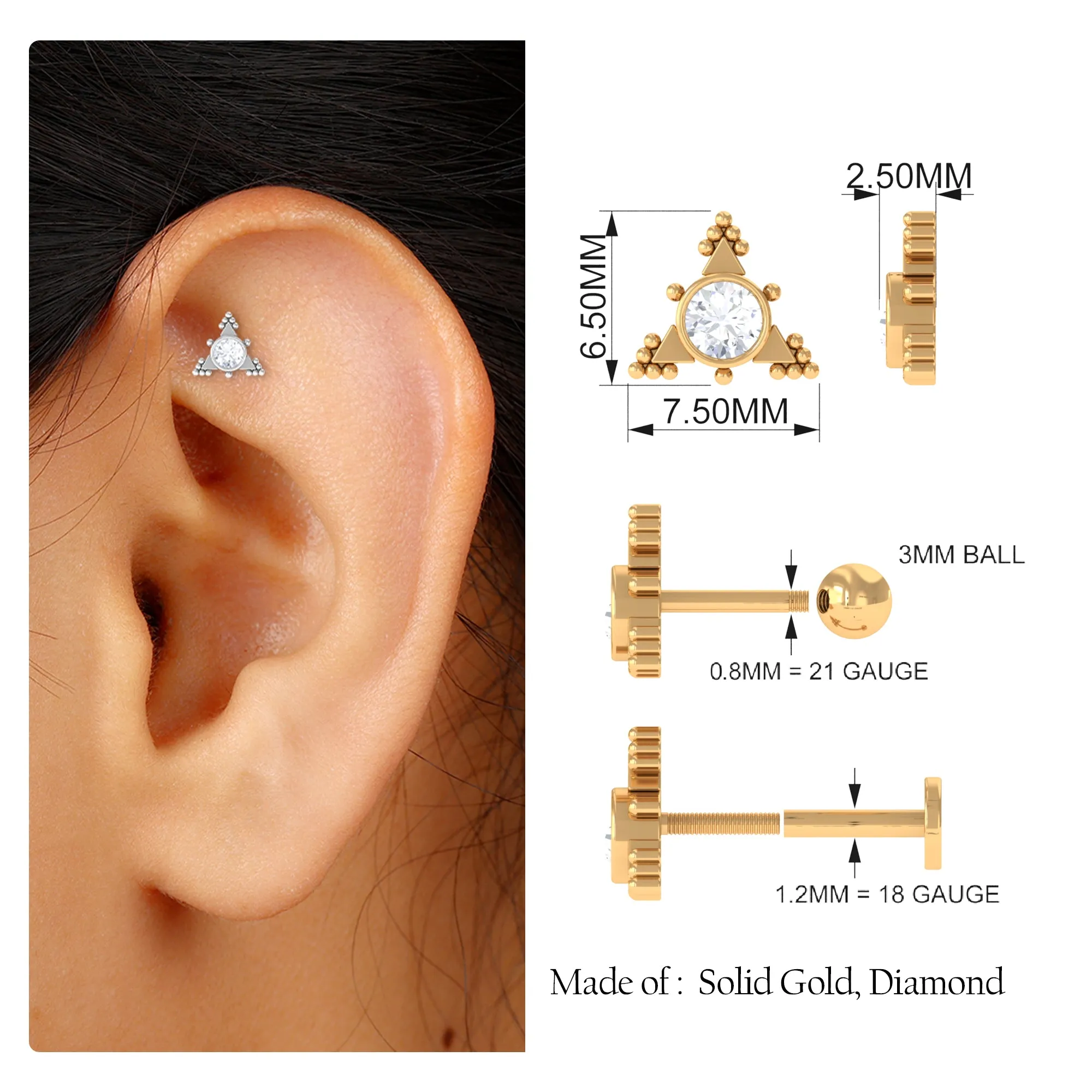 Moissanite Geometric Helix Earring with Gold Beads