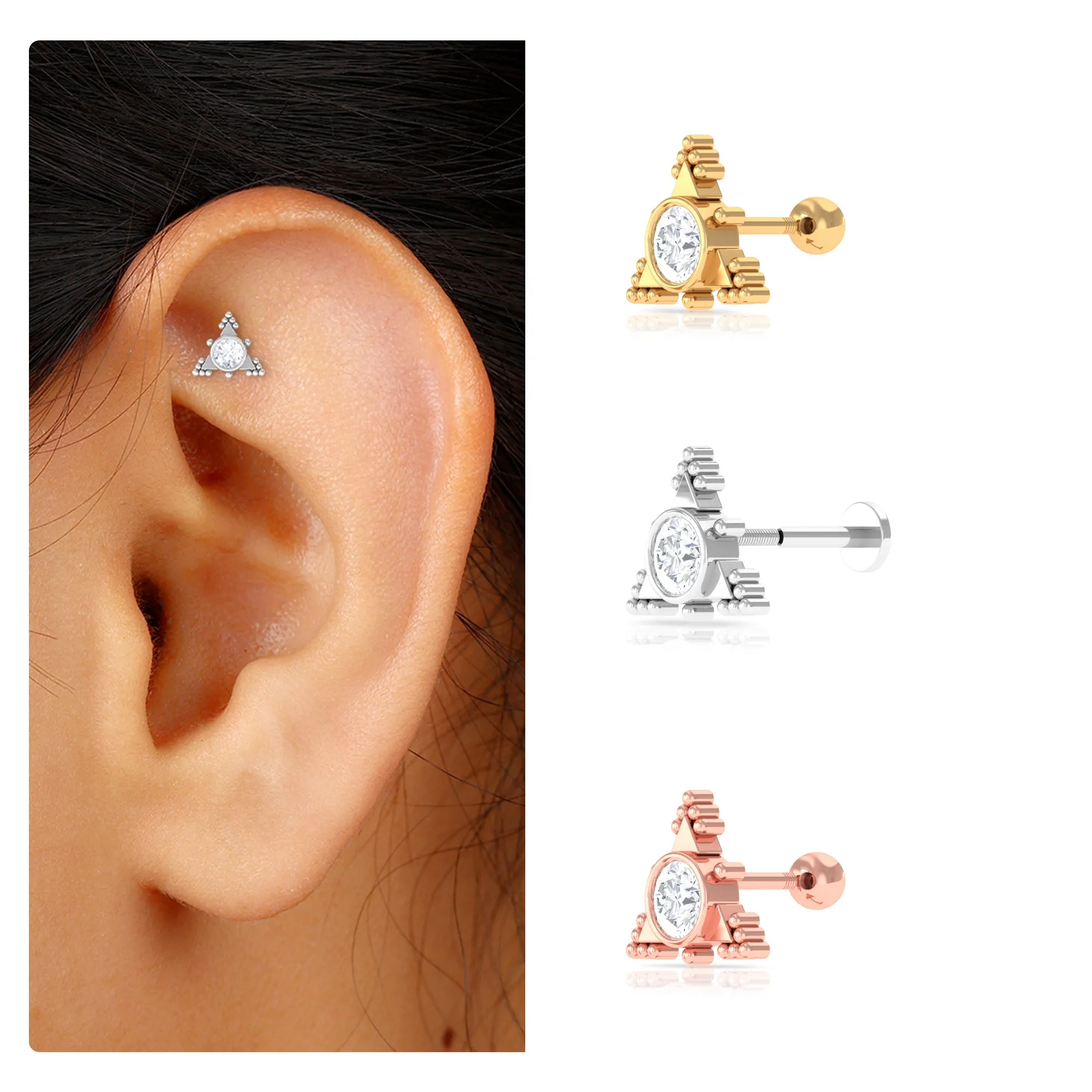 Moissanite Geometric Helix Earring with Gold Beads