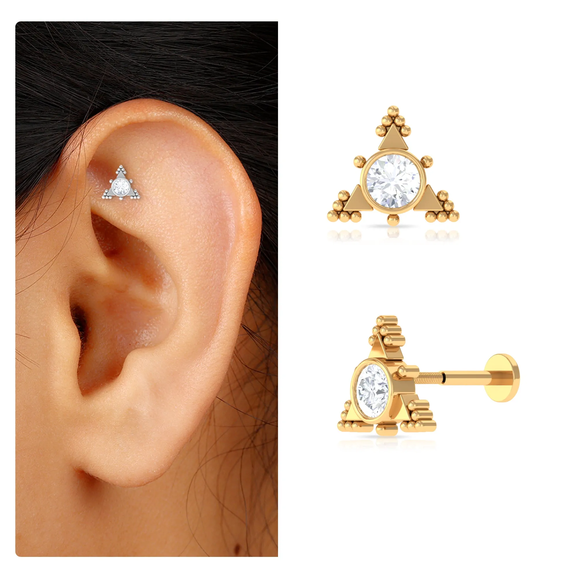 Moissanite Geometric Helix Earring with Gold Beads
