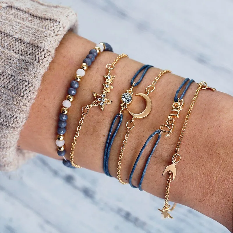 Moon Heart crystal Charm Bangle Bracelet