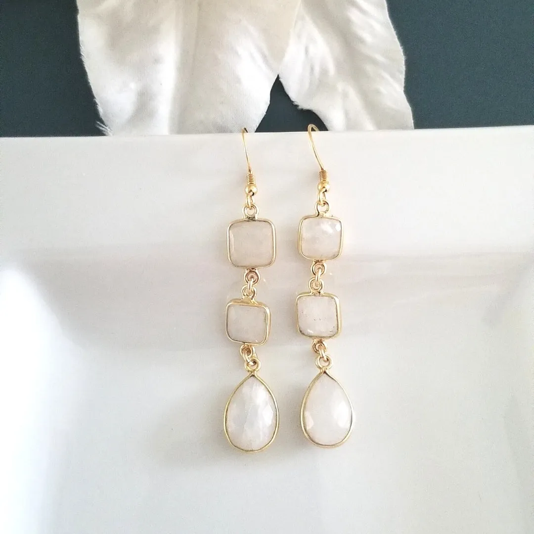 Moonstone Bride Earrings, Long Gold Moonstone Earrings, Wedding Day Jewelry