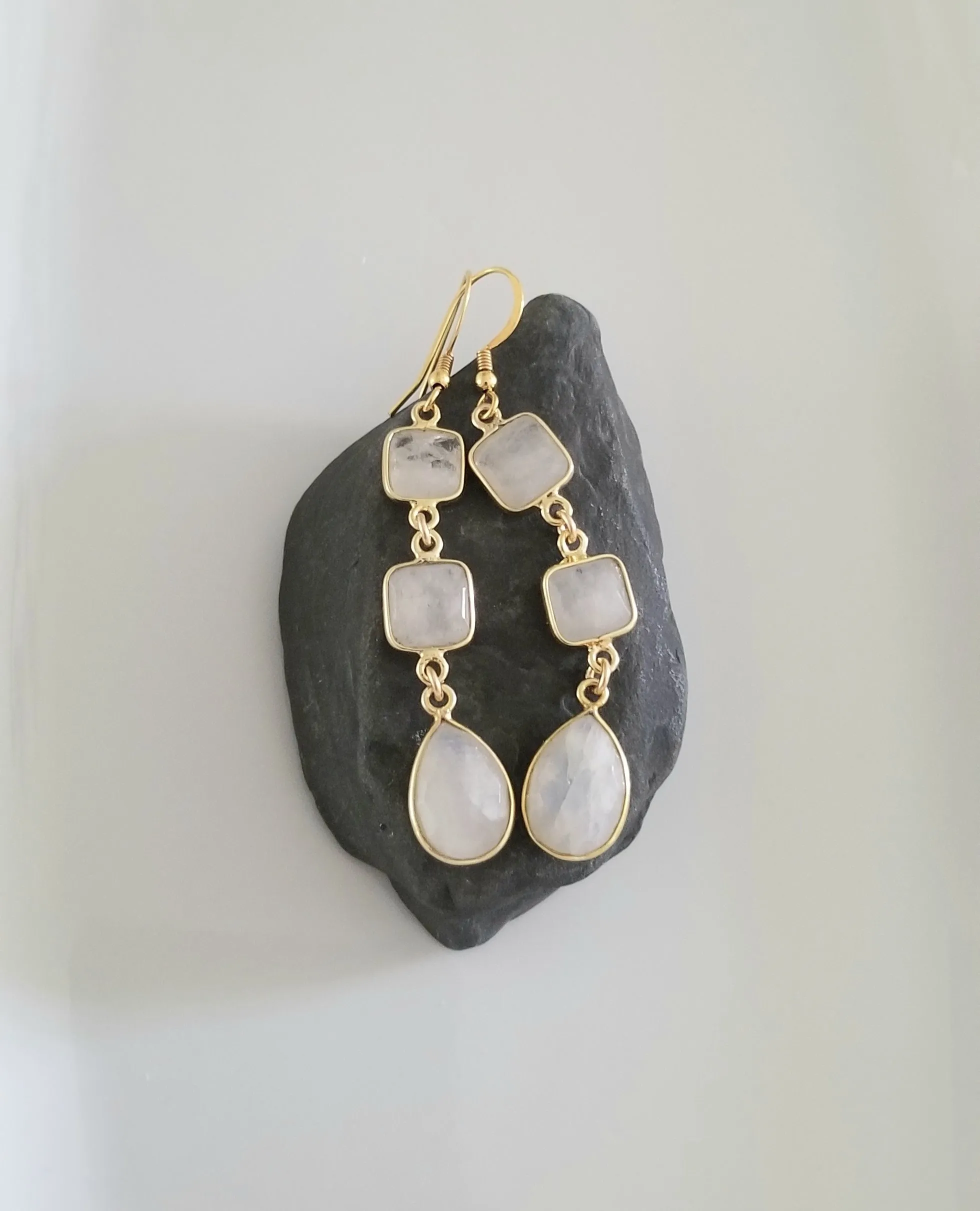 Moonstone Bride Earrings, Long Gold Moonstone Earrings, Wedding Day Jewelry