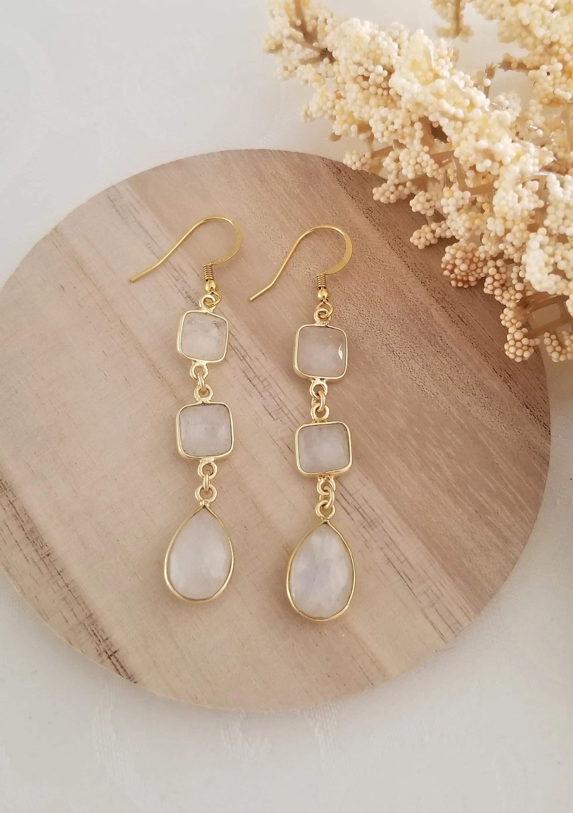 Moonstone Bride Earrings, Long Gold Moonstone Earrings, Wedding Day Jewelry