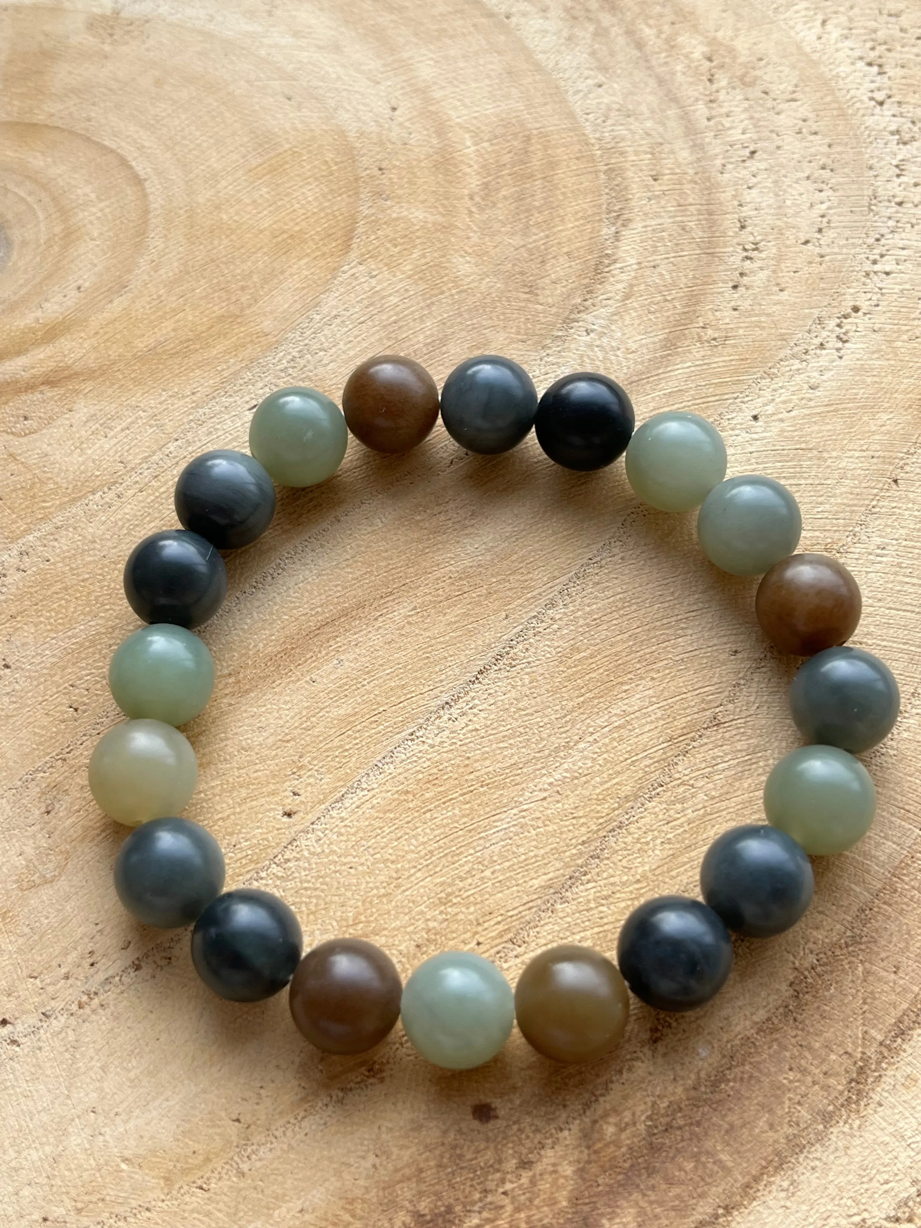 Multi-color Jade Bracelet with 10mm Beads, 和田柔光楼兰三色手串