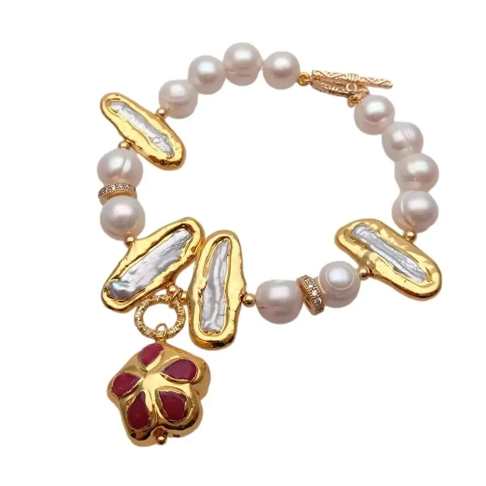 Natural Biwa Pearl & Red Jade Bracelet