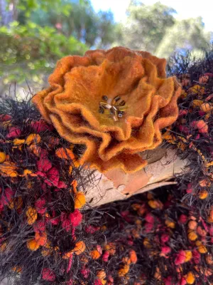 Orange Handcrafted Wool Flower Brooch for Women