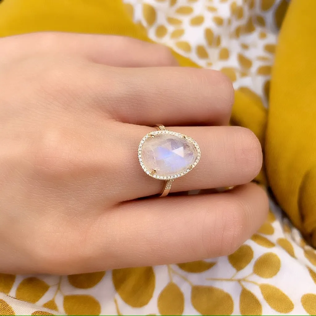 Organic Shape Rainbow Moonstone and Diamond Ring