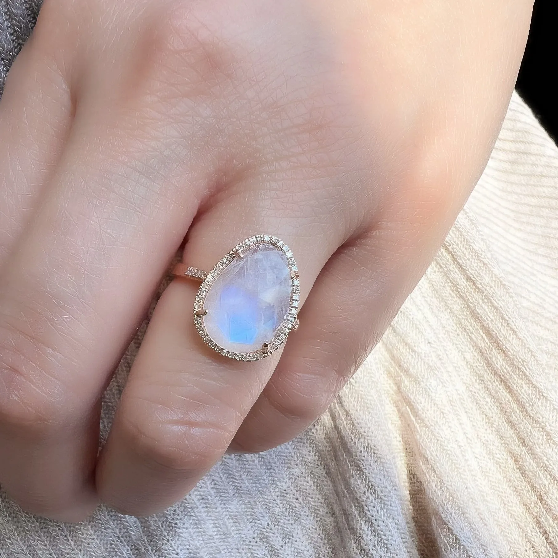 Organic Shape Rainbow Moonstone and Diamond Ring