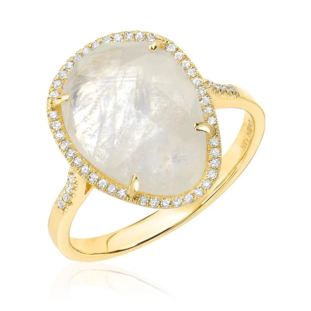 Organic Shape Rainbow Moonstone and Diamond Ring