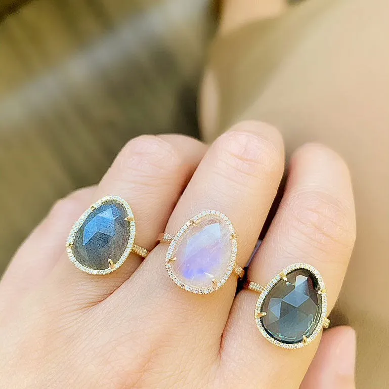 Organic Shape Rainbow Moonstone and Diamond Ring