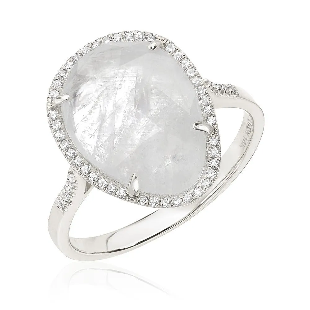 Organic Shape Rainbow Moonstone and Diamond Ring