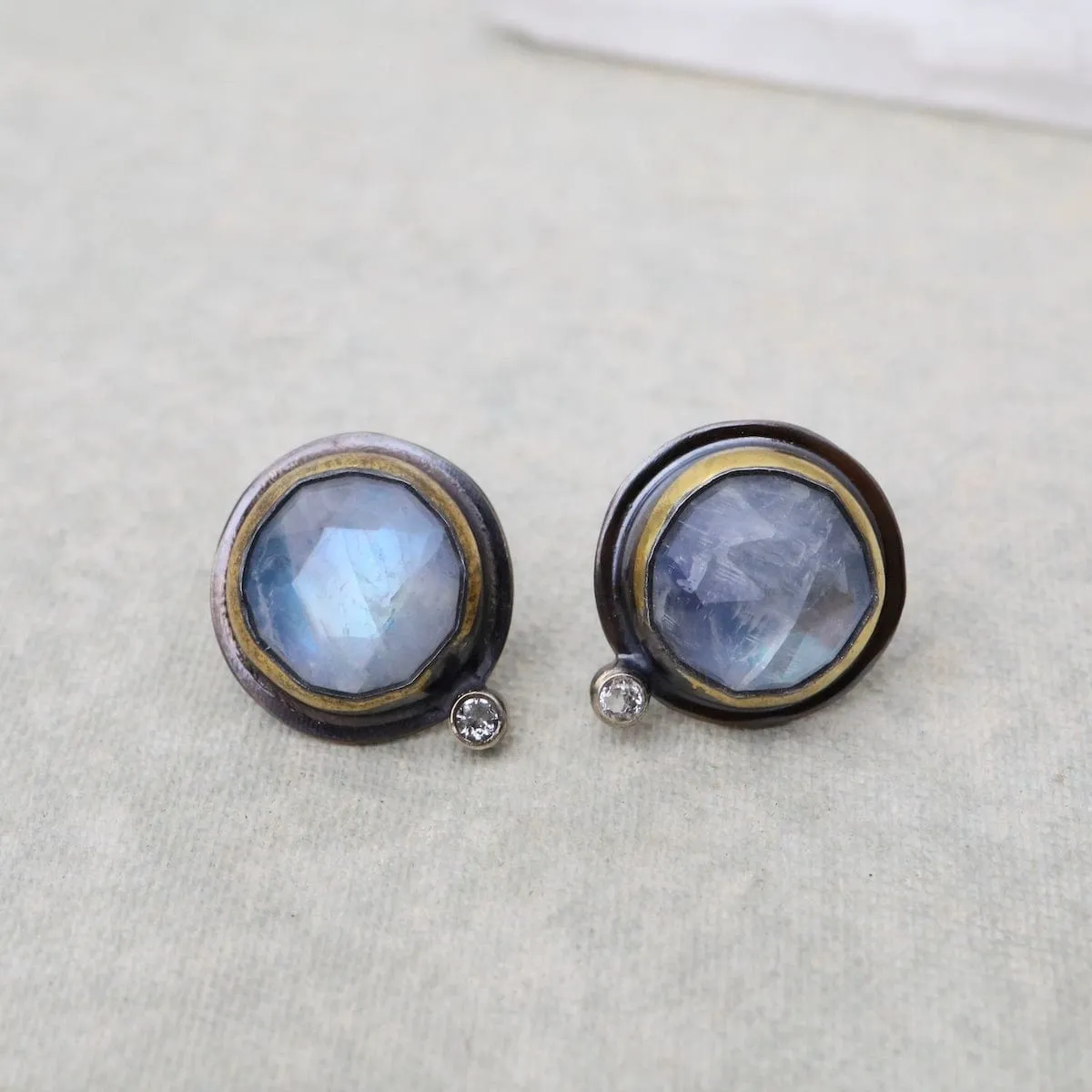 Oval Crescent Rim Post Earrings with Moonstone & White Topaz