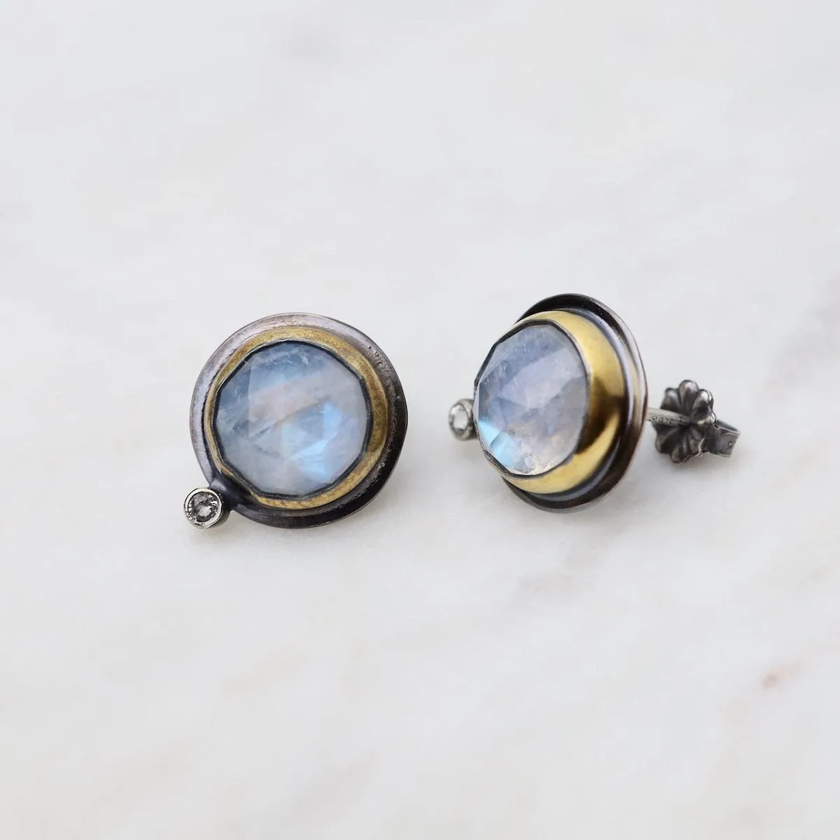 Oval Crescent Rim Post Earrings with Moonstone & White Topaz