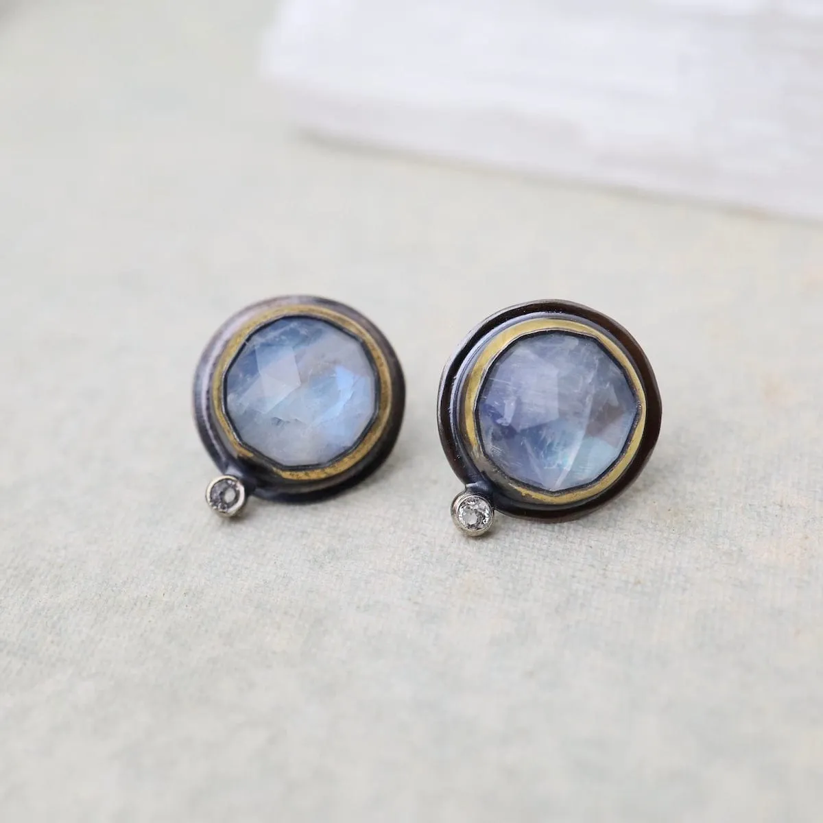Oval Crescent Rim Post Earrings with Moonstone & White Topaz