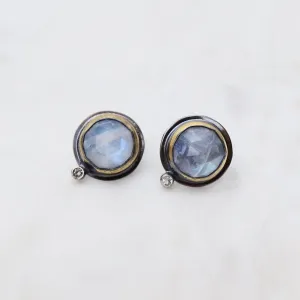 Oval Crescent Rim Post Earrings with Moonstone & White Topaz