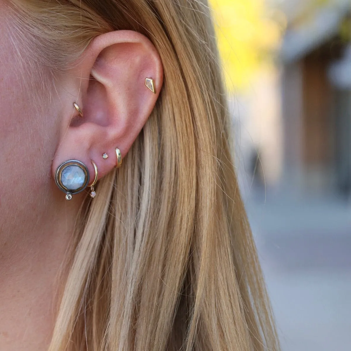 Oval Crescent Rim Post Earrings with Moonstone & White Topaz