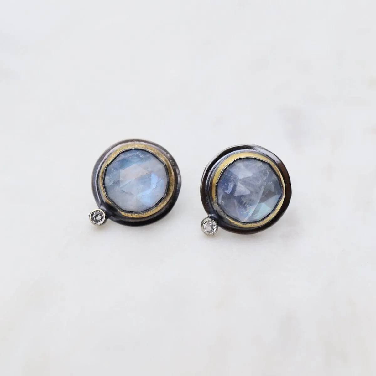 Oval Crescent Rim Post Earrings with Moonstone & White Topaz