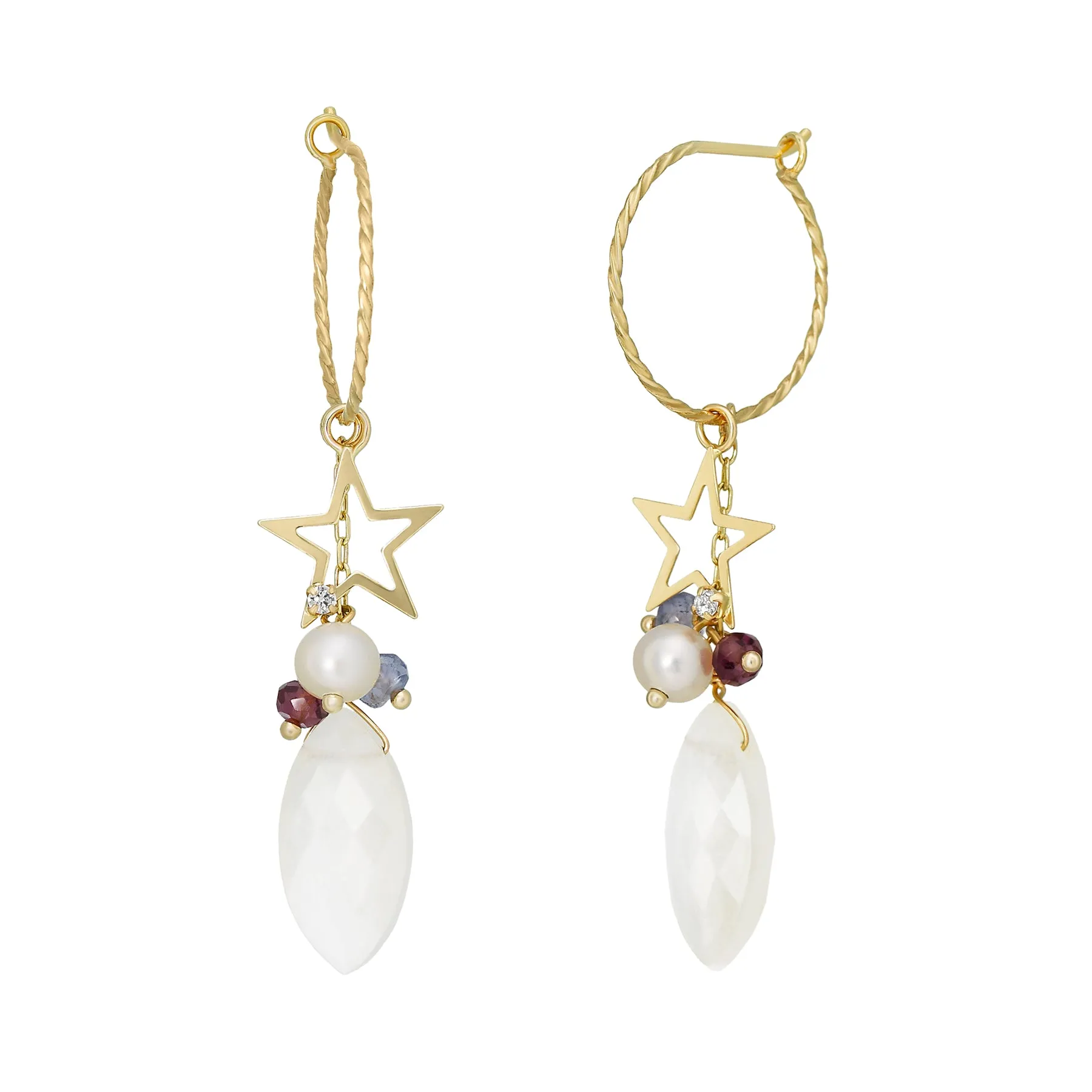 [Palette] 18K/10K Yellow Gold Moonstone Charm Set Earrings [Comet]