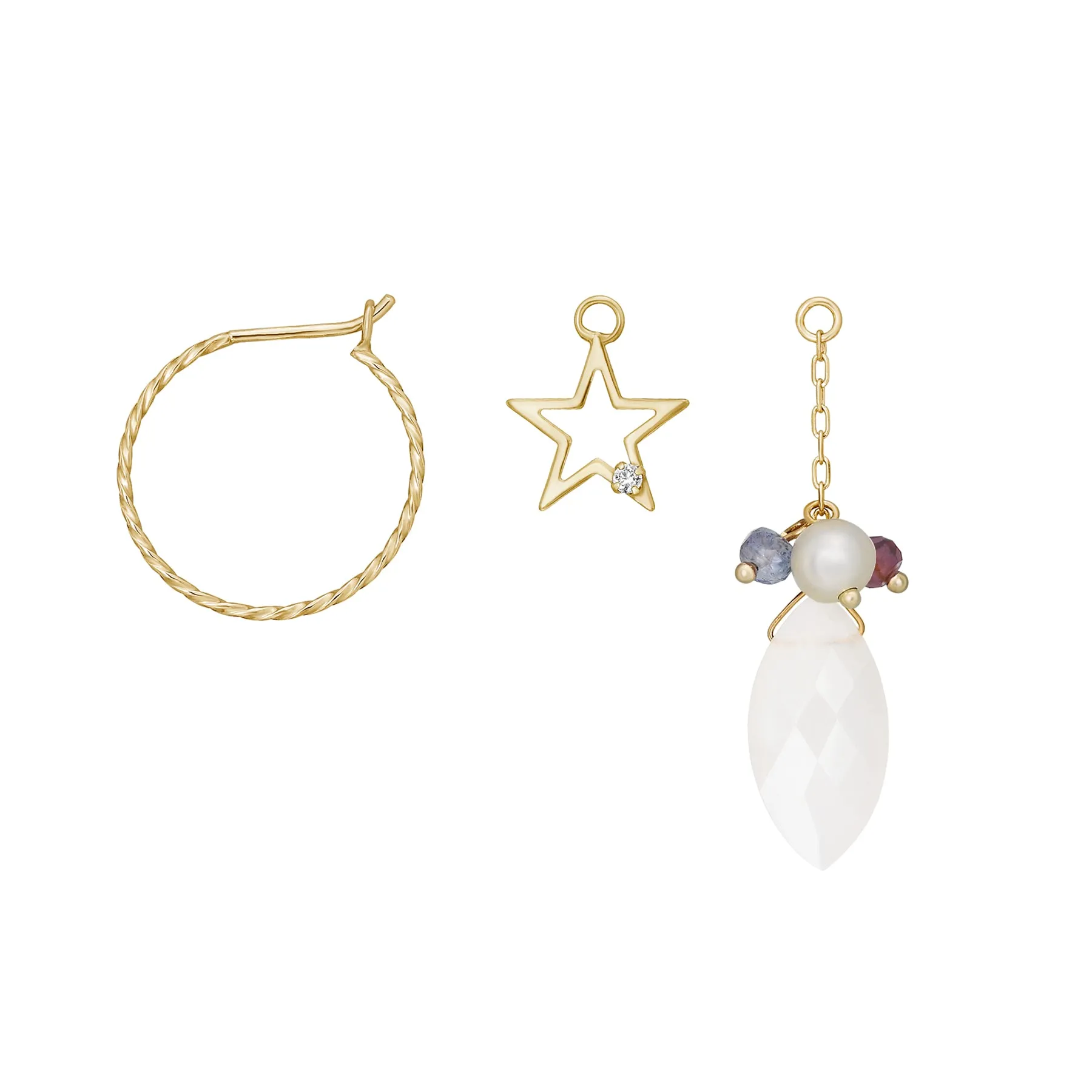 [Palette] 18K/10K Yellow Gold Moonstone Charm Set Earrings [Comet]