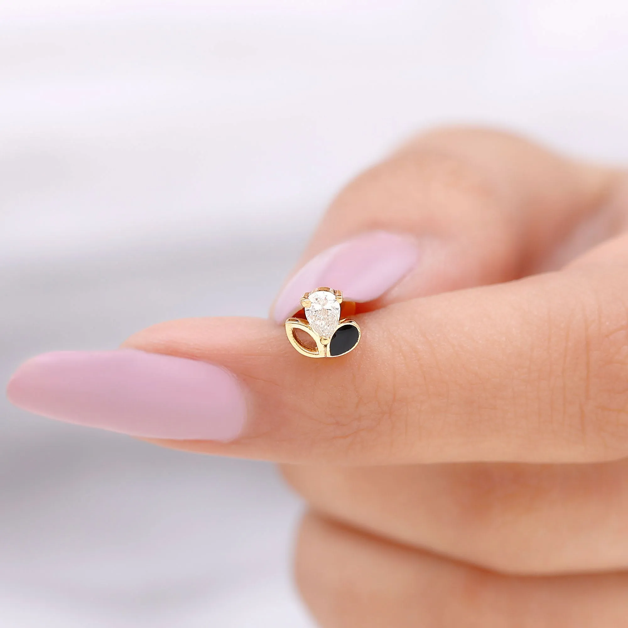 Pear Cut Moissanite Leaf Cartilage Earring with Black Enamel