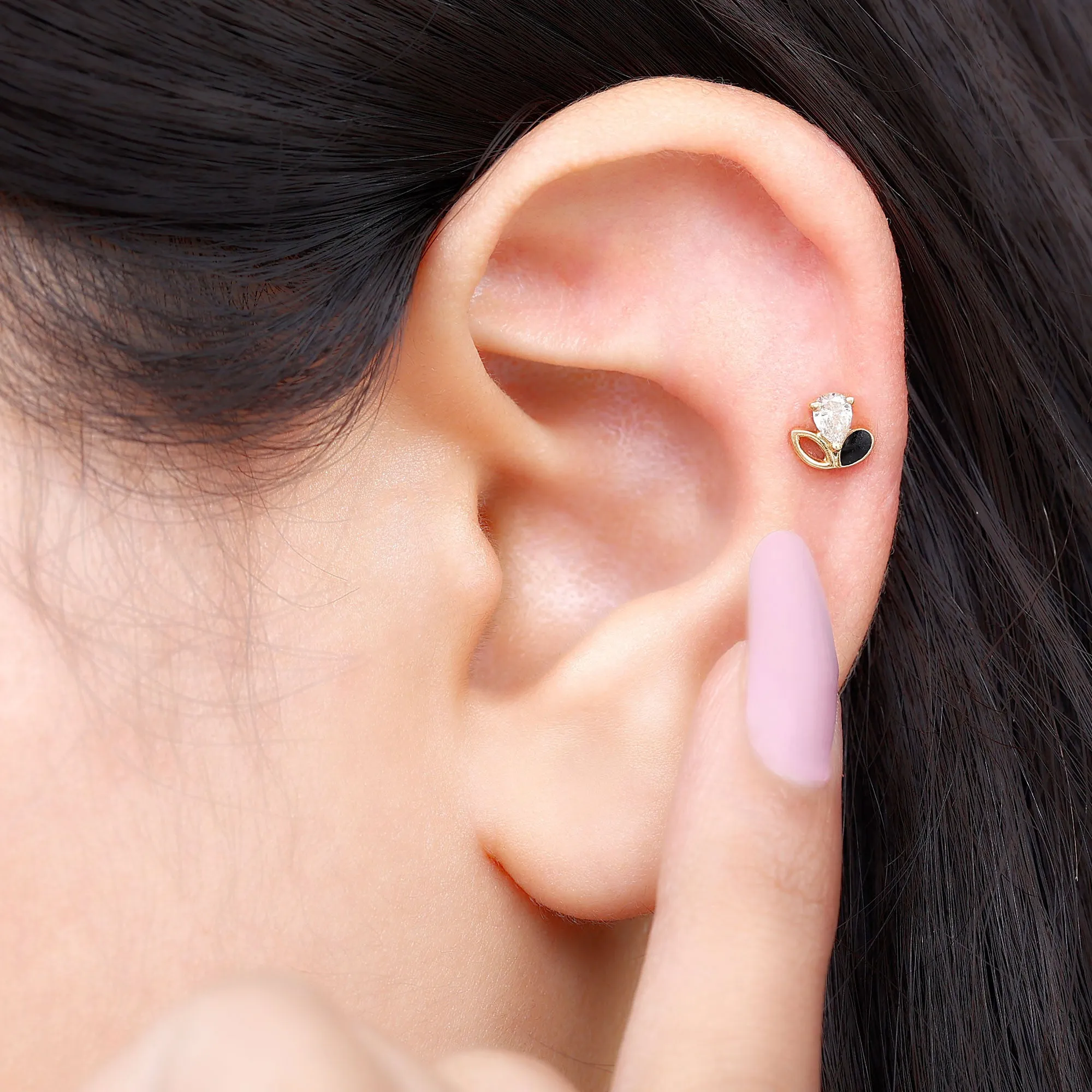 Pear Cut Moissanite Leaf Cartilage Earring with Black Enamel