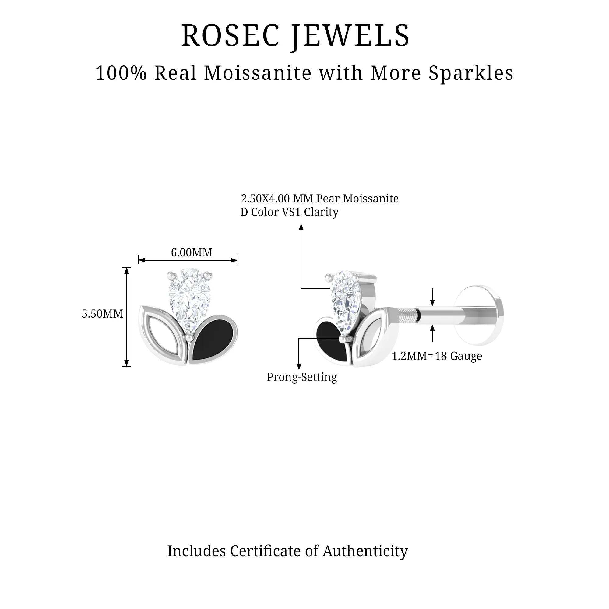Pear Cut Moissanite Leaf Cartilage Earring with Black Enamel