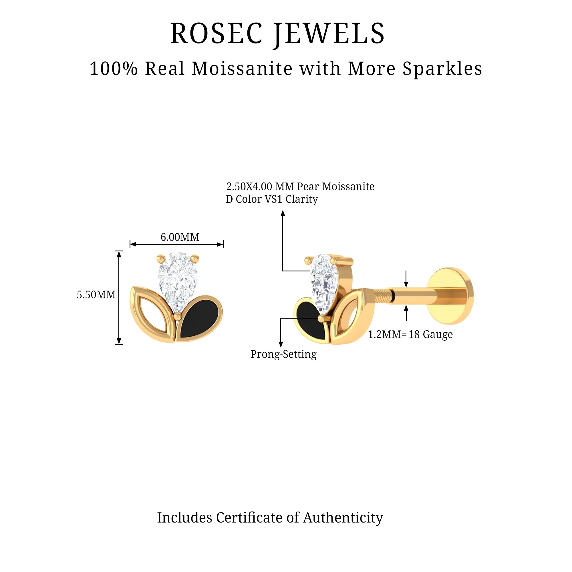 Pear Cut Moissanite Leaf Cartilage Earring with Black Enamel