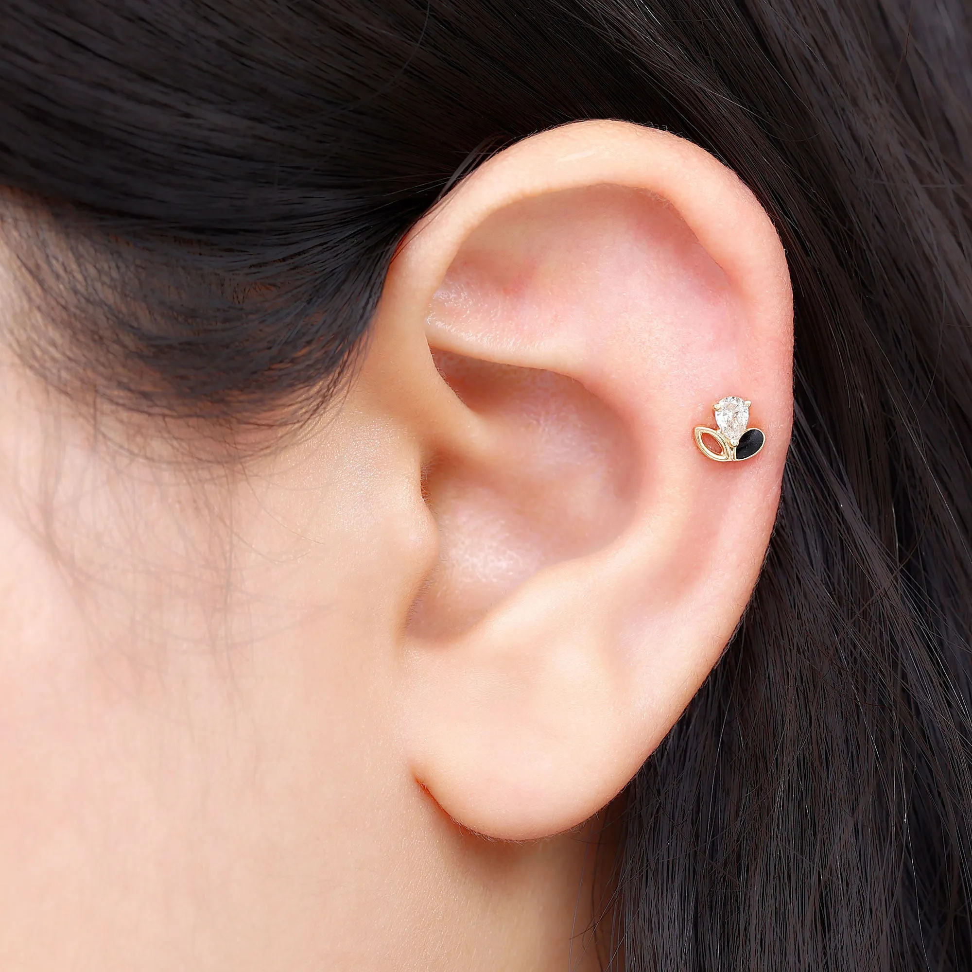 Pear Cut Moissanite Leaf Cartilage Earring with Black Enamel