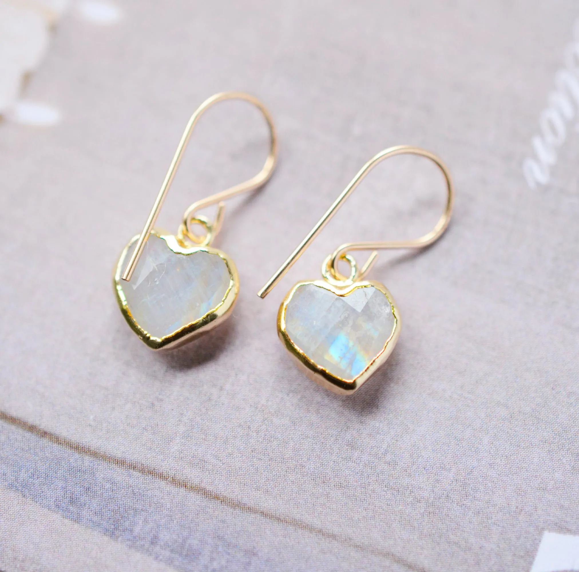 Rainbow Moonstone Heart Earrings