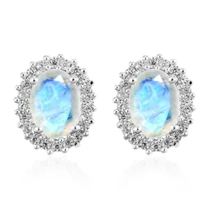 Rainbow Moonstone Studs, June birthstone earrings, 925 Silver Stud , Halo Stud Earring, Oval Studs, Halo Earrings , Halo Bridal Studs