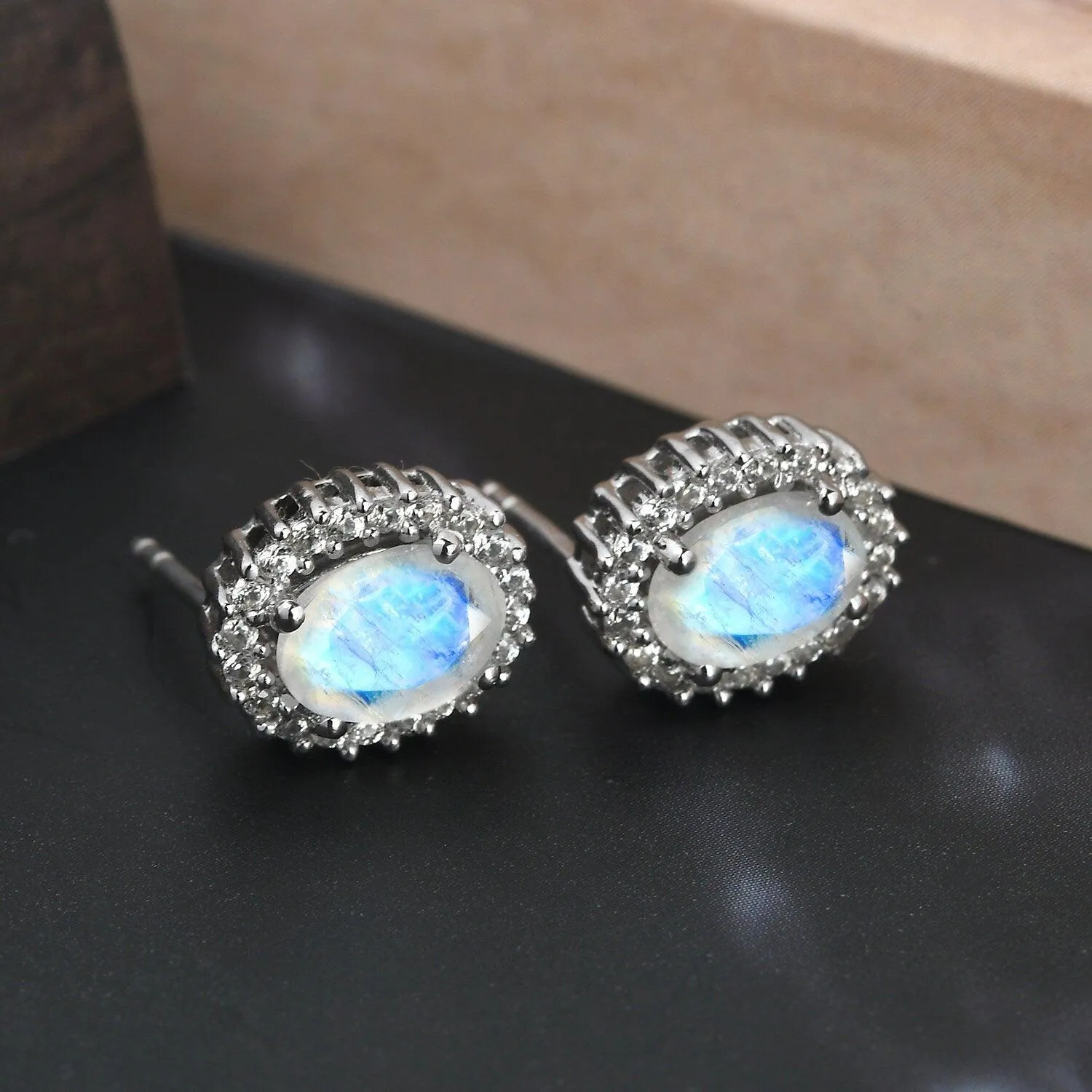 Rainbow Moonstone Studs, June birthstone earrings, 925 Silver Stud , Halo Stud Earring, Oval Studs, Halo Earrings , Halo Bridal Studs