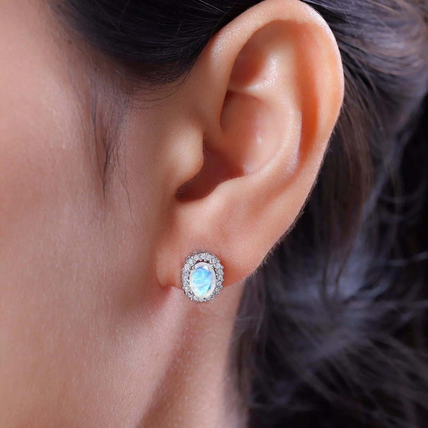 Rainbow Moonstone Studs, June birthstone earrings, 925 Silver Stud , Halo Stud Earring, Oval Studs, Halo Earrings , Halo Bridal Studs