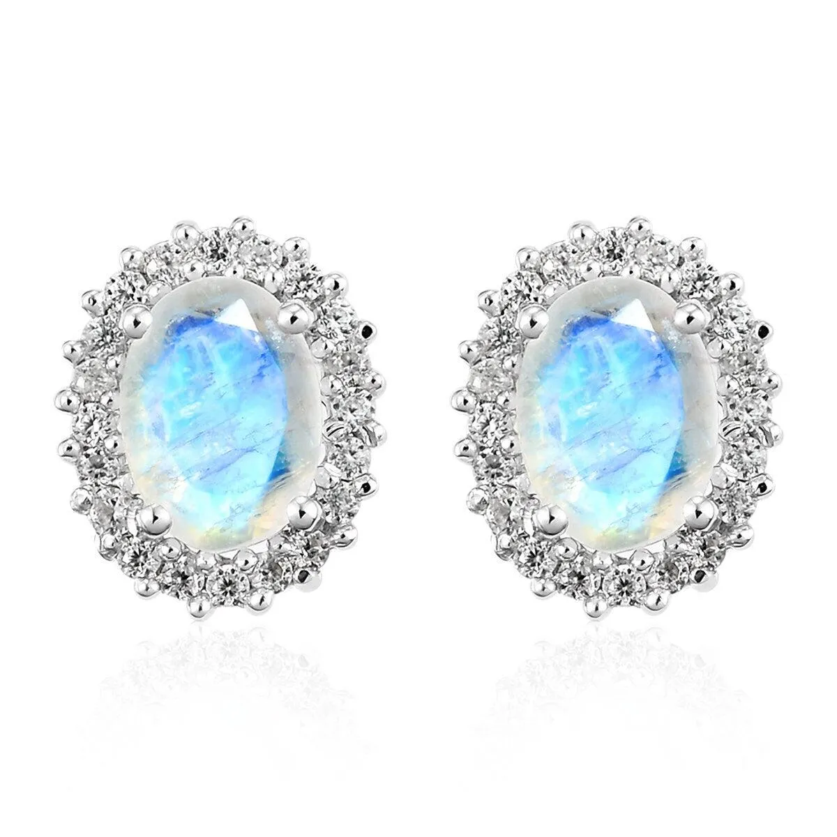 Rainbow Moonstone Studs, June birthstone earrings, 925 Silver Stud , Halo Stud Earring, Oval Studs, Halo Earrings , Halo Bridal Studs