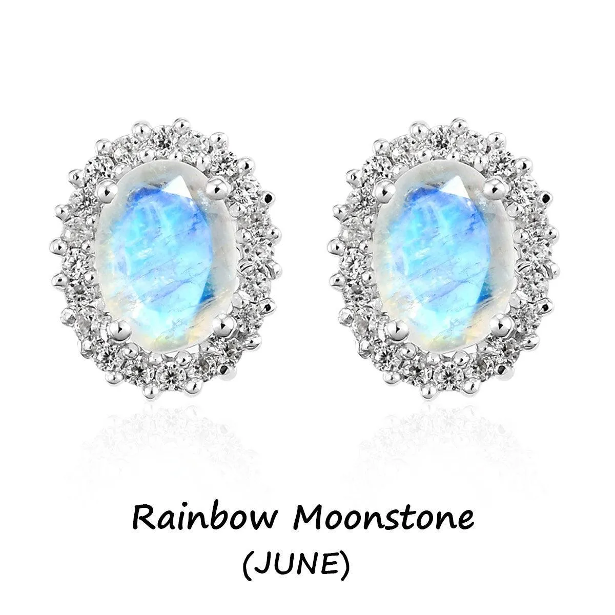 Rainbow Moonstone Studs, June birthstone earrings, 925 Silver Stud , Halo Stud Earring, Oval Studs, Halo Earrings , Halo Bridal Studs
