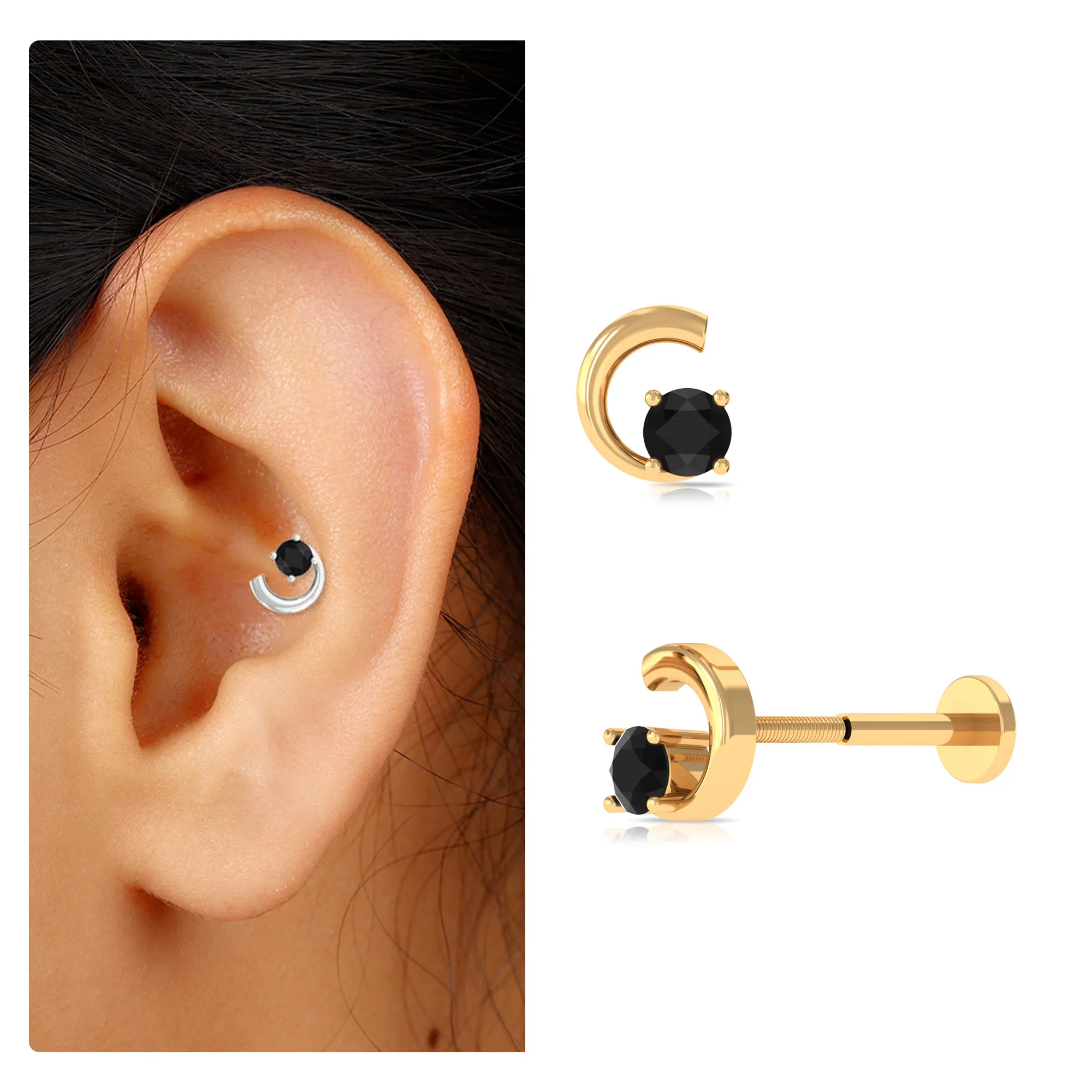 Round Black Onyx Crescent Moon Gold Conch Earring