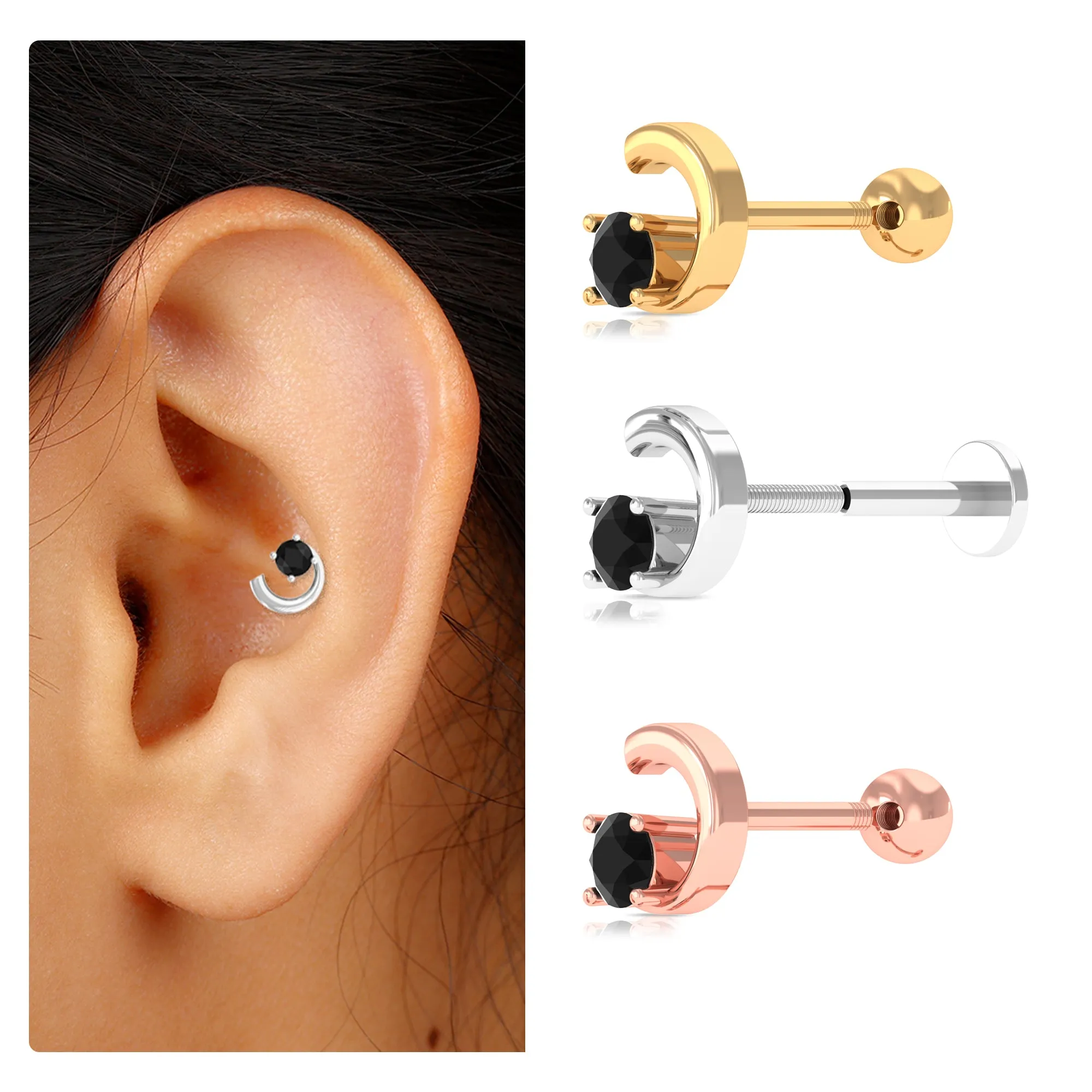 Round Black Onyx Crescent Moon Gold Conch Earring
