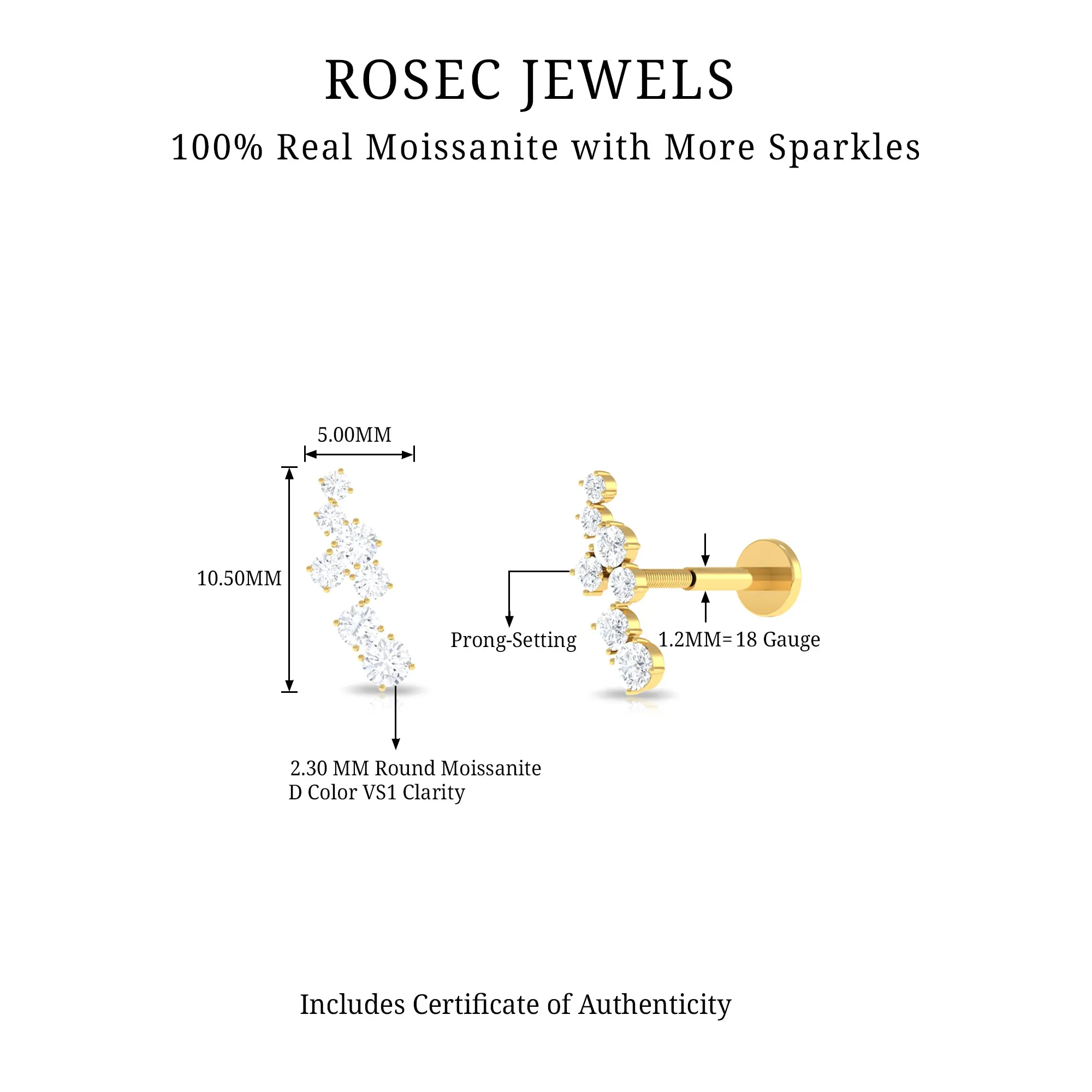 Round Moissanite Cluster Ear Crawler Earring for Helix Piercing