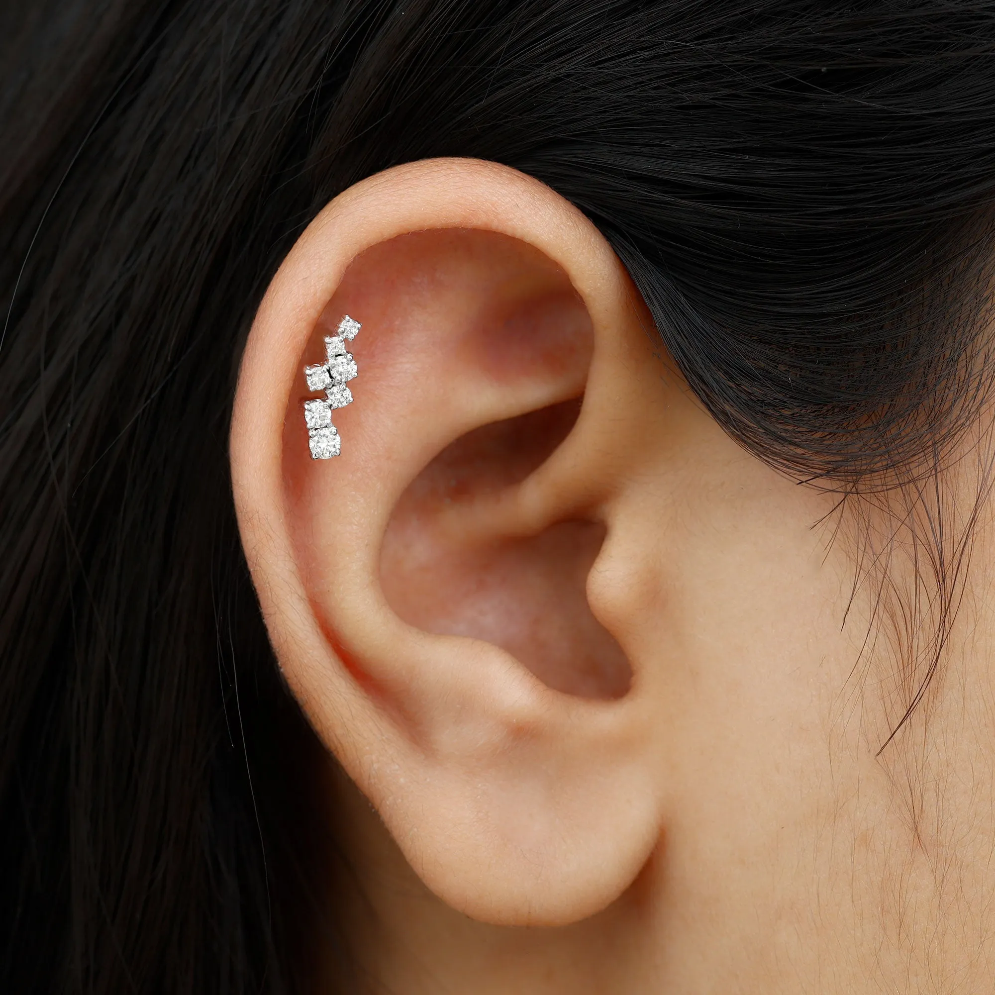 Round Moissanite Cluster Ear Crawler Earring for Helix Piercing