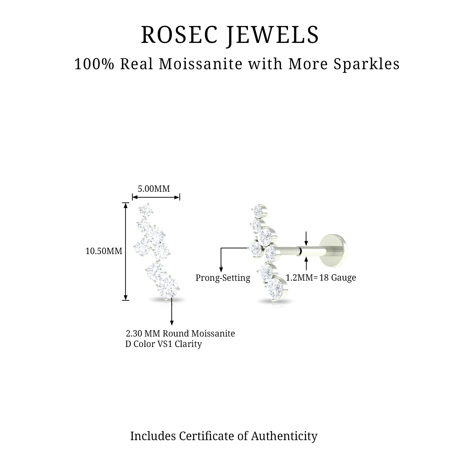 Round Moissanite Cluster Ear Crawler Earring for Helix Piercing