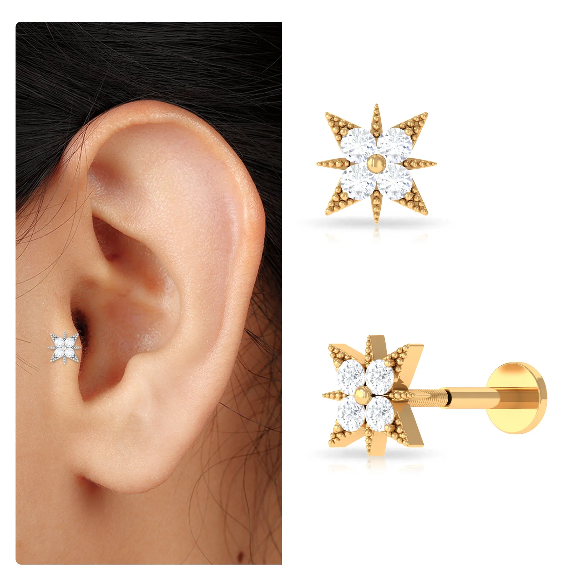 Round Moissanite Starburst Earring for Upper Lobe Piercing